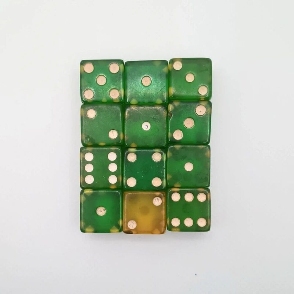 Vintage Bakelite Dice Lot 12 Green Translucent Amber 0.6" White Pips Antique Gam